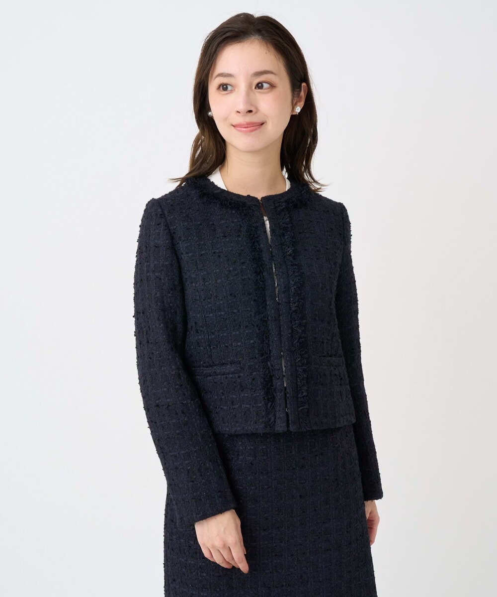 F1DFD65330 MK MICHEL KLEIN(小さいサイズ)(メゾン ドゥ サンク) 【小さいサイズ】ノーカラーファンシーツイードジャケット/セットアップ対応/洗える アイボリー