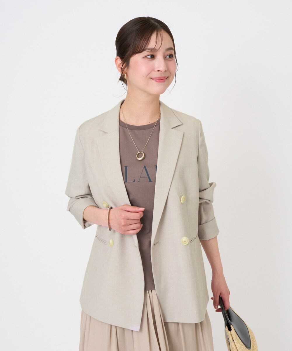 F1DGD46240 MK MICHEL KLEIN(小さいサイズ)(メゾン ドゥ サンク) 【小さいサイズ】バイオヴィンテージツイル ダブルブレストジャケット/接触冷感/UVカット/速乾/洗える グレージュ