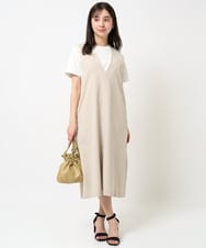 F1EGA35210 MK MICHEL KLEIN(小さいサイズ)(メゾン ドゥ サンク) 【小さいサイズ】リネンライクVネックジャンパースカート/洗える ベージュ