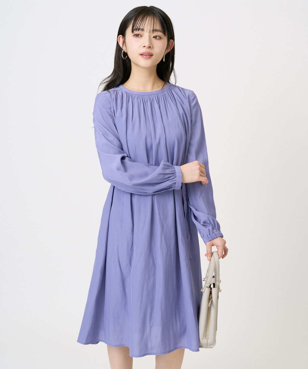 F1EGD26210 MK MICHEL KLEIN(小さいサイズ)(メゾン ドゥ サンク) 【小さいサイズ】サテンギャザーワンピース/洗える パープル