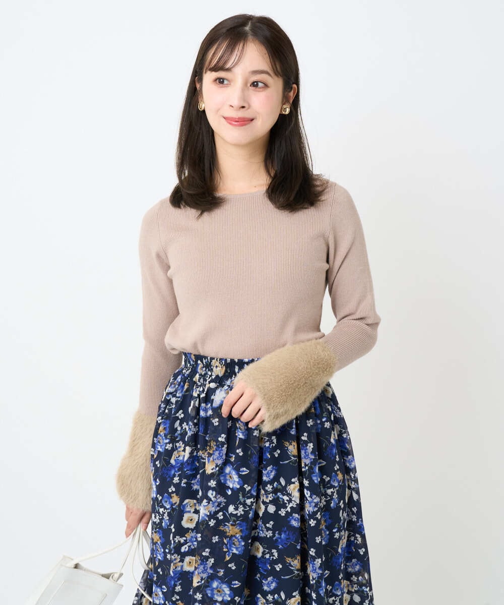 F1FAD41140 MK MICHEL KLEIN(小さいサイズ)(メゾン ドゥ サンク) 【小さいサイズ】フェザー切替えコンパクトリブニット/洗える ベージュ