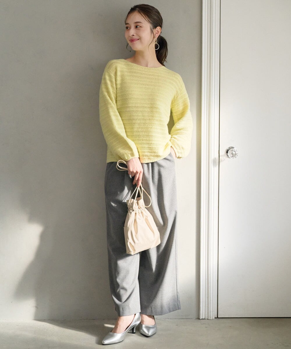 F1FAD47150 MK MICHEL KLEIN(小さいサイズ)(メゾン ドゥ サンク) 【小さいサイズ】シアーボーダーボリュームパフスリーブニット/洗える ライトイエロー