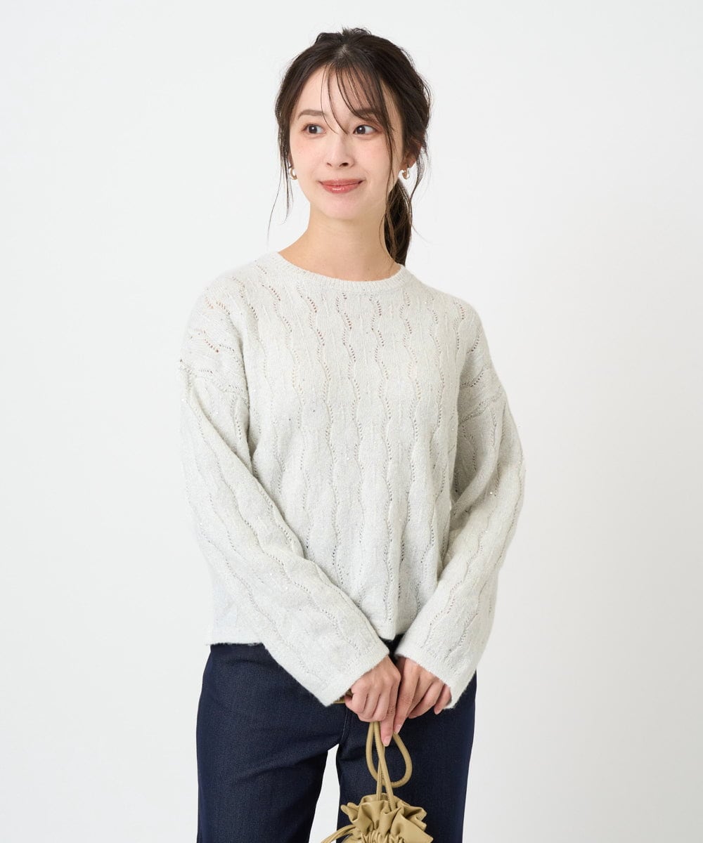 F1FBD52160 MK MICHEL KLEIN(小さいサイズ)(メゾン ドゥ サンク) 【小さいサイズ】スパンコールラメ入りニット/洗える ライトグレー