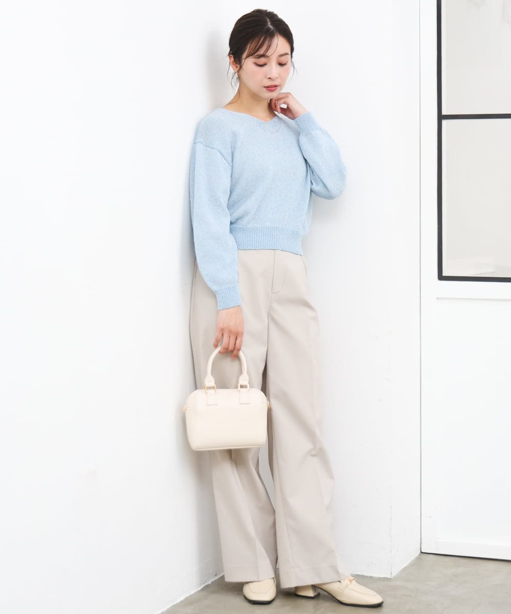 F1FGD31150 MK MICHEL KLEIN(小さいサイズ)(メゾン ドゥ サンク) 【小さいサイズ】ラメ入りノットヤーンVネックニット/洗える ライトブルー