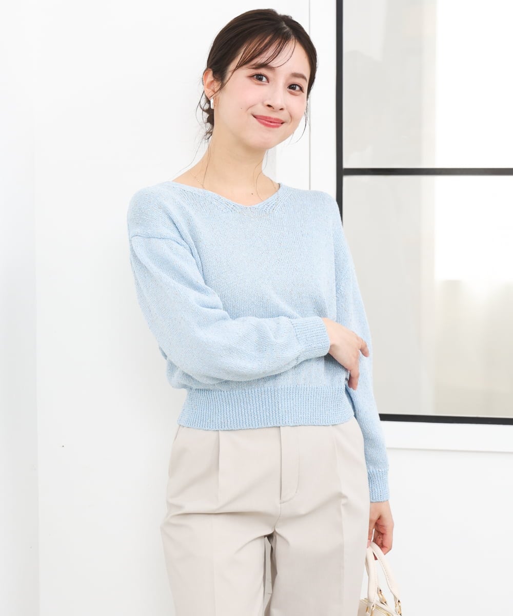 F1FGD31150 MK MICHEL KLEIN(小さいサイズ)(メゾン ドゥ サンク) 【小さいサイズ】ラメ入りノットヤーンVネックニット/洗える ライトブルー