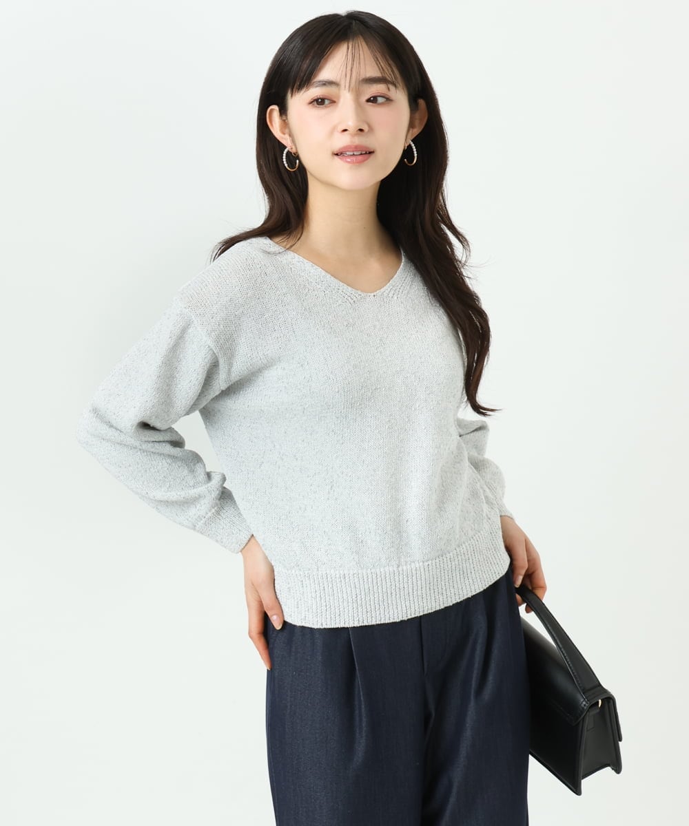 F1FGD31150 MK MICHEL KLEIN(小さいサイズ)(メゾン ドゥ サンク) 【小さいサイズ】ラメ入りノットヤーンVネックニット/洗える ライトブルー