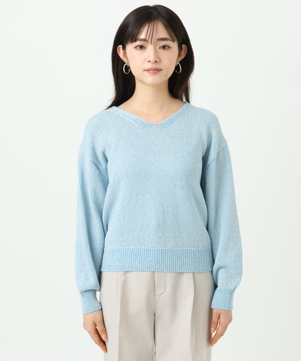 F1FGD31150 MK MICHEL KLEIN(小さいサイズ)(メゾン ドゥ サンク) 【小さいサイズ】ラメ入りノットヤーンVネックニット/洗える ライトブルー