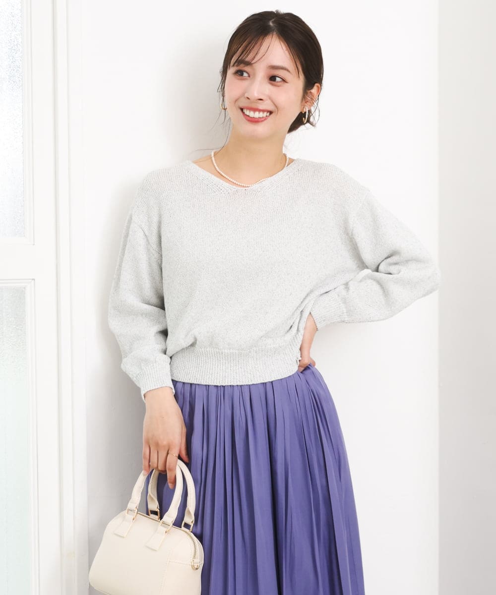 F1FGD31150 MK MICHEL KLEIN(小さいサイズ)(メゾン ドゥ サンク) 【小さいサイズ】ラメ入りノットヤーンVネックニット/洗える ライトブルー