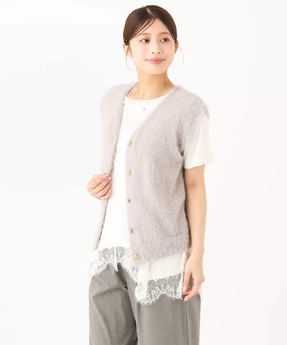 F1FJD22120 MK MICHEL KLEIN(小さいサイズ)(メゾン ドゥ サンク) 【小さいサイズ】[洗える]前後2wayシャギーニットジレ ピンクグレージュ