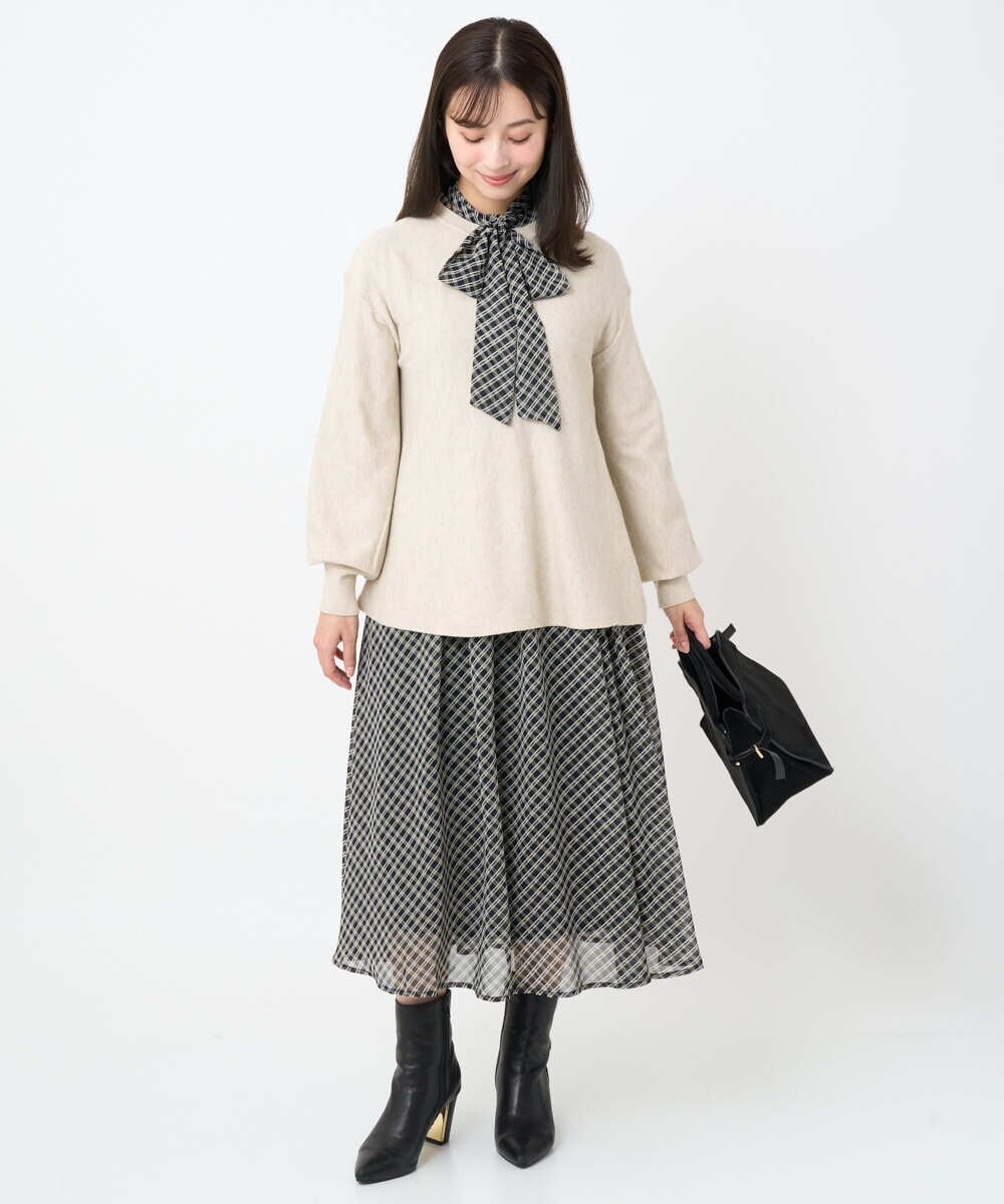 F1HAD04140 MK MICHEL KLEIN(小さいサイズ)(メゾン ドゥ サンク) 【小さいサイズ】チェック柄シフォンスカート/洗濯機で洗える ブラック
