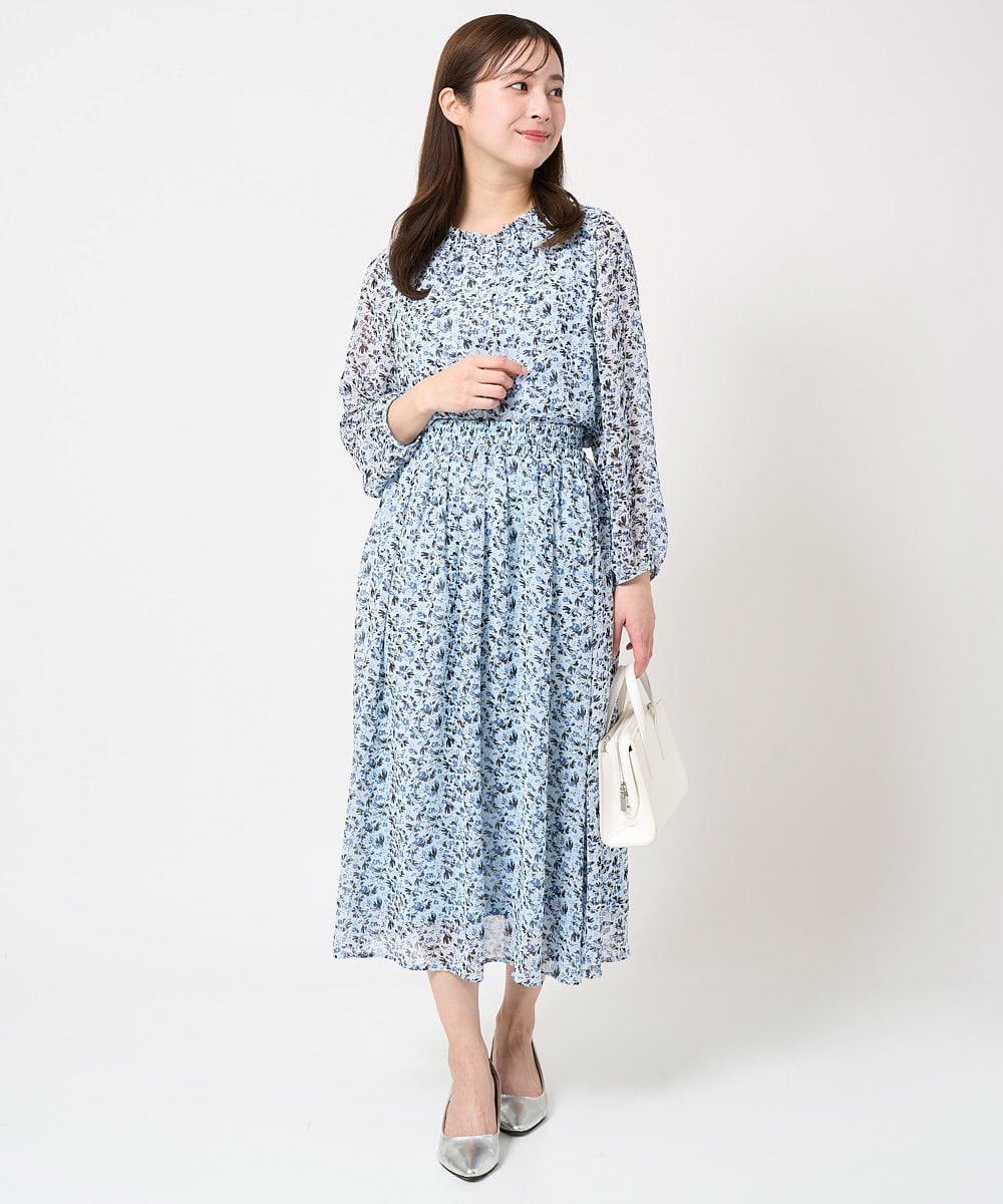 F1HFA09140 MK MICHEL KLEIN(小さいサイズ)(メゾン ドゥ サンク) 【小さいサイズ】花柄シフォンスカート/丈の長さが選べる/洗える/セットアップ対応 ライトブルー