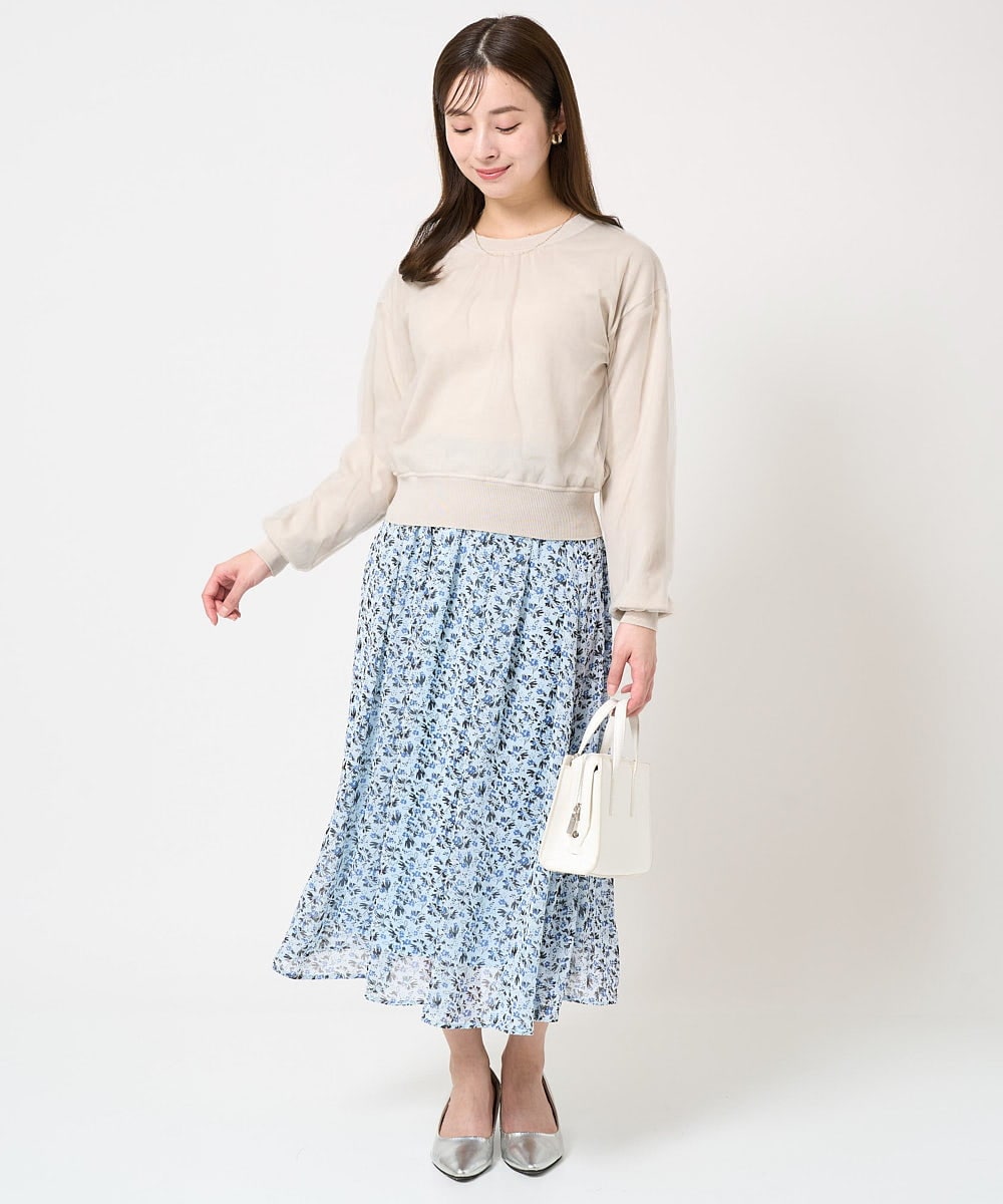 F1HFA09140 MK MICHEL KLEIN(小さいサイズ)(メゾン ドゥ サンク) 【小さいサイズ】花柄シフォンスカート/丈の長さが選べる/洗える/セットアップ対応 ライトブルー