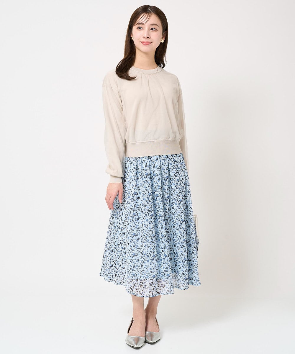 F1HFA09140 MK MICHEL KLEIN(小さいサイズ)(メゾン ドゥ サンク) 【小さいサイズ】花柄シフォンスカート/丈の長さが選べる/洗える/セットアップ対応 ライトブルー