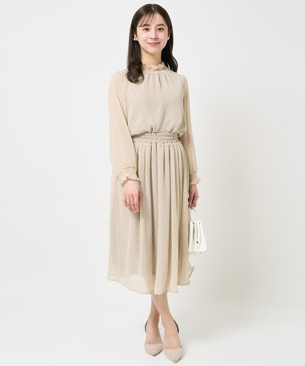 F1HGA03140 MK MICHEL KLEIN(小さいサイズ)(メゾン ドゥ サンク) 【小さいサイズ】幾何柄シフォンスカート/丈の長さが選べる/洗える/セットアップ対応 ベージュ