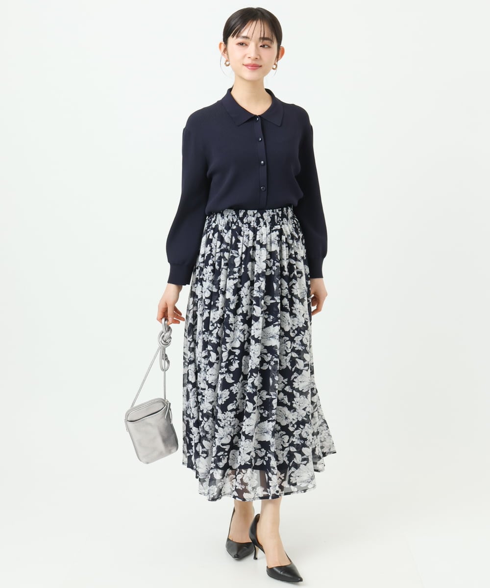 F1HGD03140 MK MICHEL KLEIN(小さいサイズ)(メゾン ドゥ サンク) 【小さいサイズ】花柄シフォンスカート/丈の長さが選べる/洗濯機で洗える/セットアップ対応 ブルー