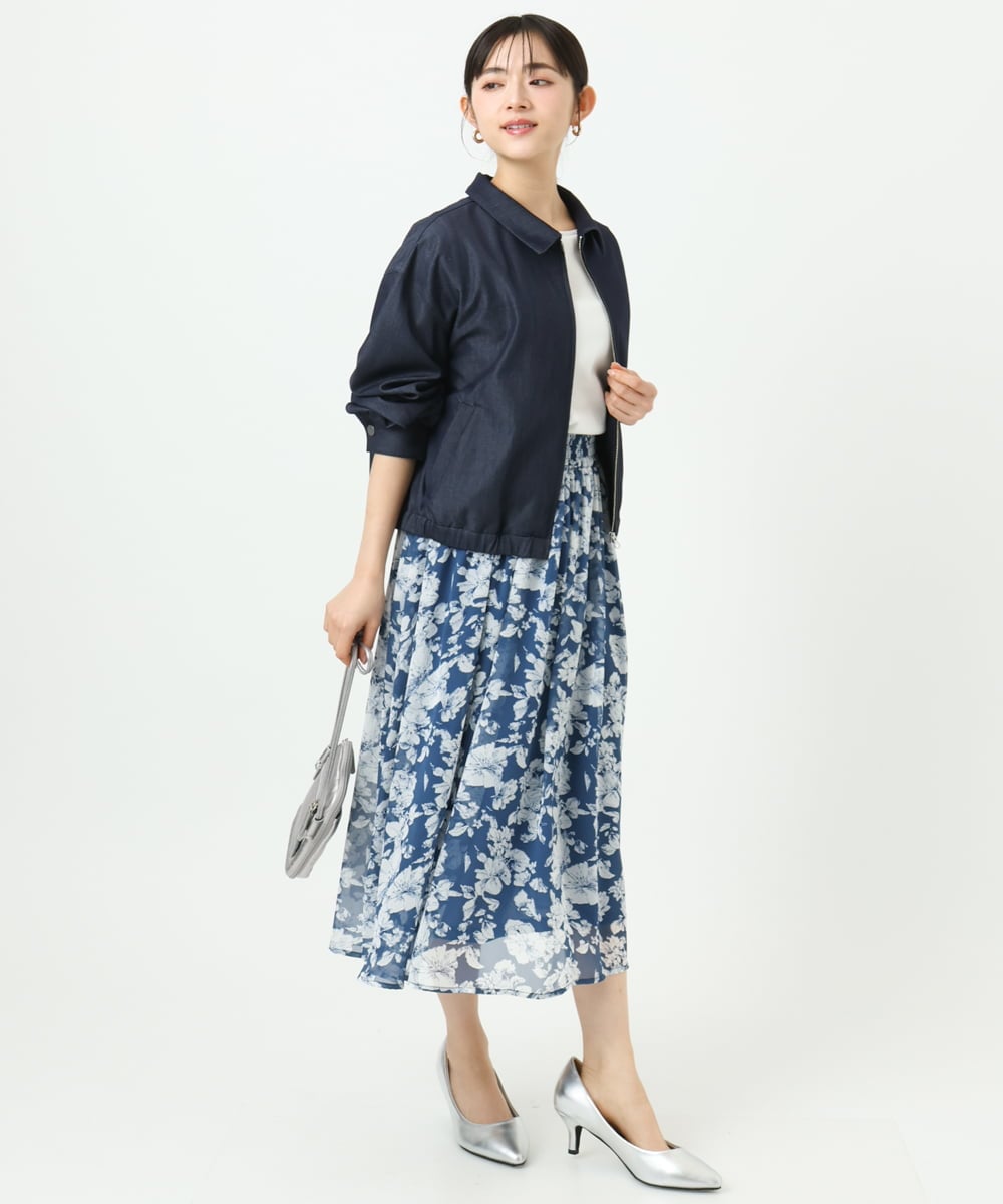 F1HGD03140 MK MICHEL KLEIN(小さいサイズ)(メゾン ドゥ サンク) 【小さいサイズ】花柄シフォンスカート/丈の長さが選べる/洗濯機で洗える/セットアップ対応 ブルー