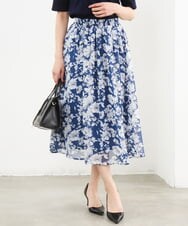 F1HGD03140 MK MICHEL KLEIN(小さいサイズ)(メゾン ドゥ サンク) 【小さいサイズ】花柄シフォンスカート/丈の長さが選べる/洗濯機で洗える/セットアップ対応 ブルー