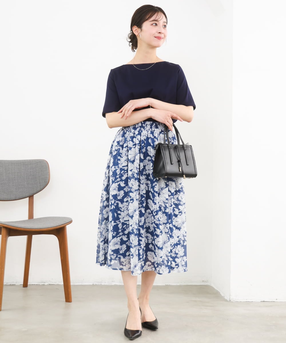 F1HGD03140 MK MICHEL KLEIN(小さいサイズ)(メゾン ドゥ サンク) 【小さいサイズ】花柄シフォンスカート/丈の長さが選べる/洗濯機で洗える/セットアップ対応 ブルー