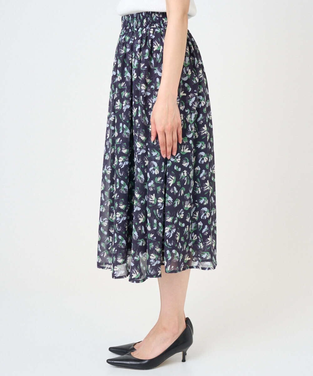F1HGD05140 MK MICHEL KLEIN(小さいサイズ)(メゾン ドゥ サンク) 【小さいサイズ】花柄シフォンスカート/洗える/丈の長さが選べる/洗濯機で洗える/セットアップ対応 ネイビー