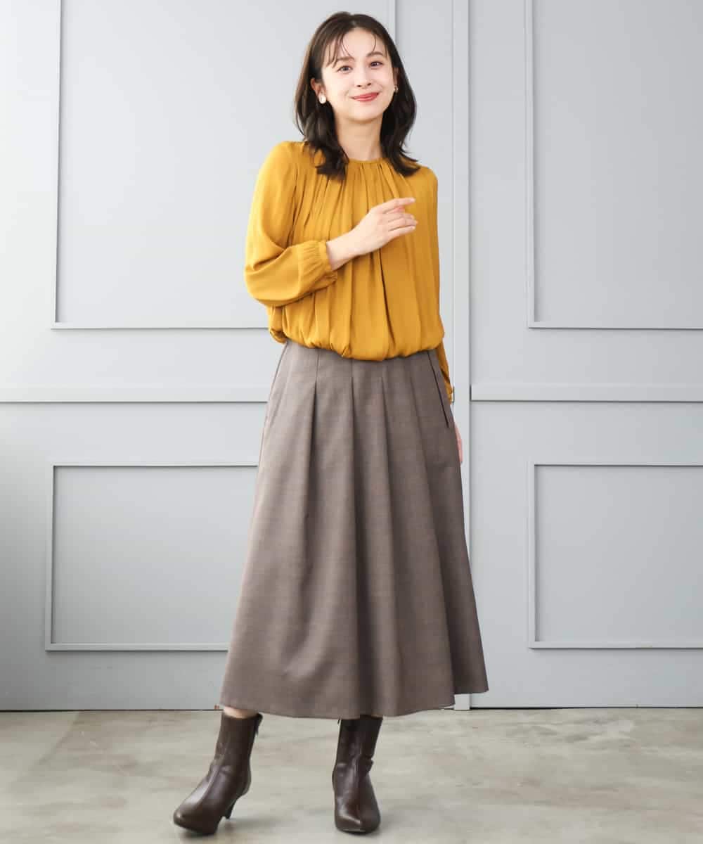 F1HJD40180 MK MICHEL KLEIN(小さいサイズ)(メゾン ドゥ サンク) 【小さいサイズ】[洗える]グレンチェック柄ラップ風タックスカート ブラウン