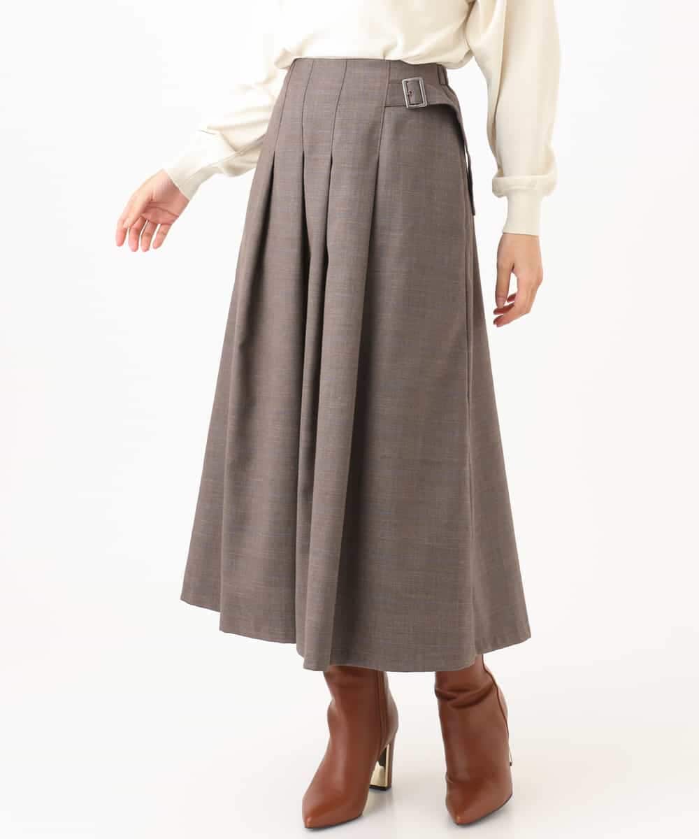 F1HJD40180 MK MICHEL KLEIN(小さいサイズ)(メゾン ドゥ サンク) 【小さいサイズ】[洗える]グレンチェック柄ラップ風タックスカート ブラウン