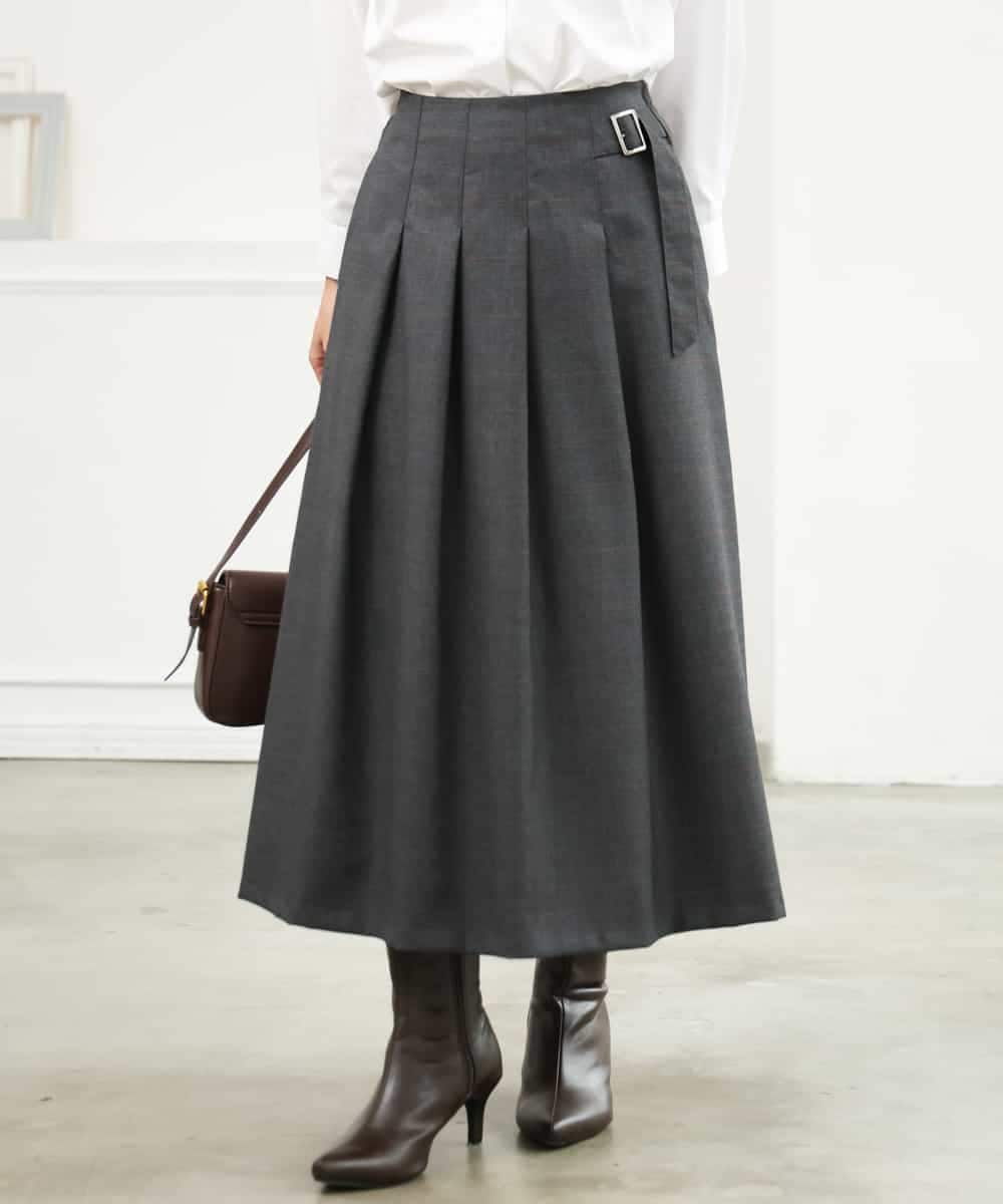 F1HJD40180 MK MICHEL KLEIN(小さいサイズ)(メゾン ドゥ サンク) 【小さいサイズ】[洗える]グレンチェック柄ラップ風タックスカート ダークグレー