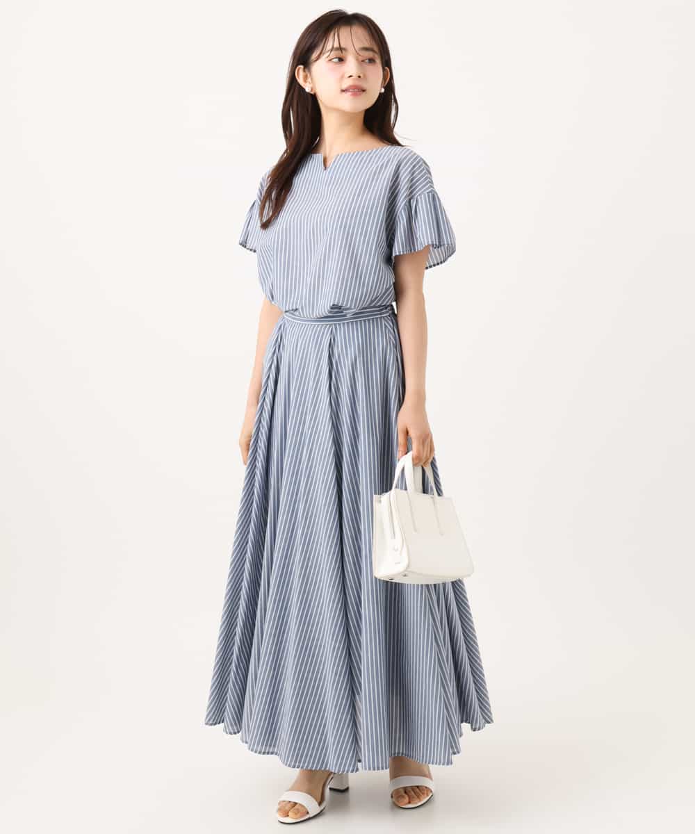 F1HJD77180 MK MICHEL KLEIN(小さいサイズ)(メゾン ドゥ サンク) 【小さいサイズ】[接触冷感/透湿性/洗える]ストライプ柄フレアースカート ライトブルー