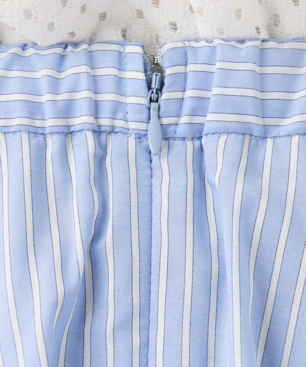 F1HJD77180 MK MICHEL KLEIN(小さいサイズ)(メゾン ドゥ サンク) 【小さいサイズ】[接触冷感/透湿性/洗える]ストライプ柄フレアースカート ライトブルー
