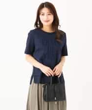 F1KJD23090 MK MICHEL KLEIN(小さいサイズ)(メゾン ドゥ サンク) 【小さいサイズ】[洗える]シフォン切替えフロッキーロゴTシャツ ネイビー