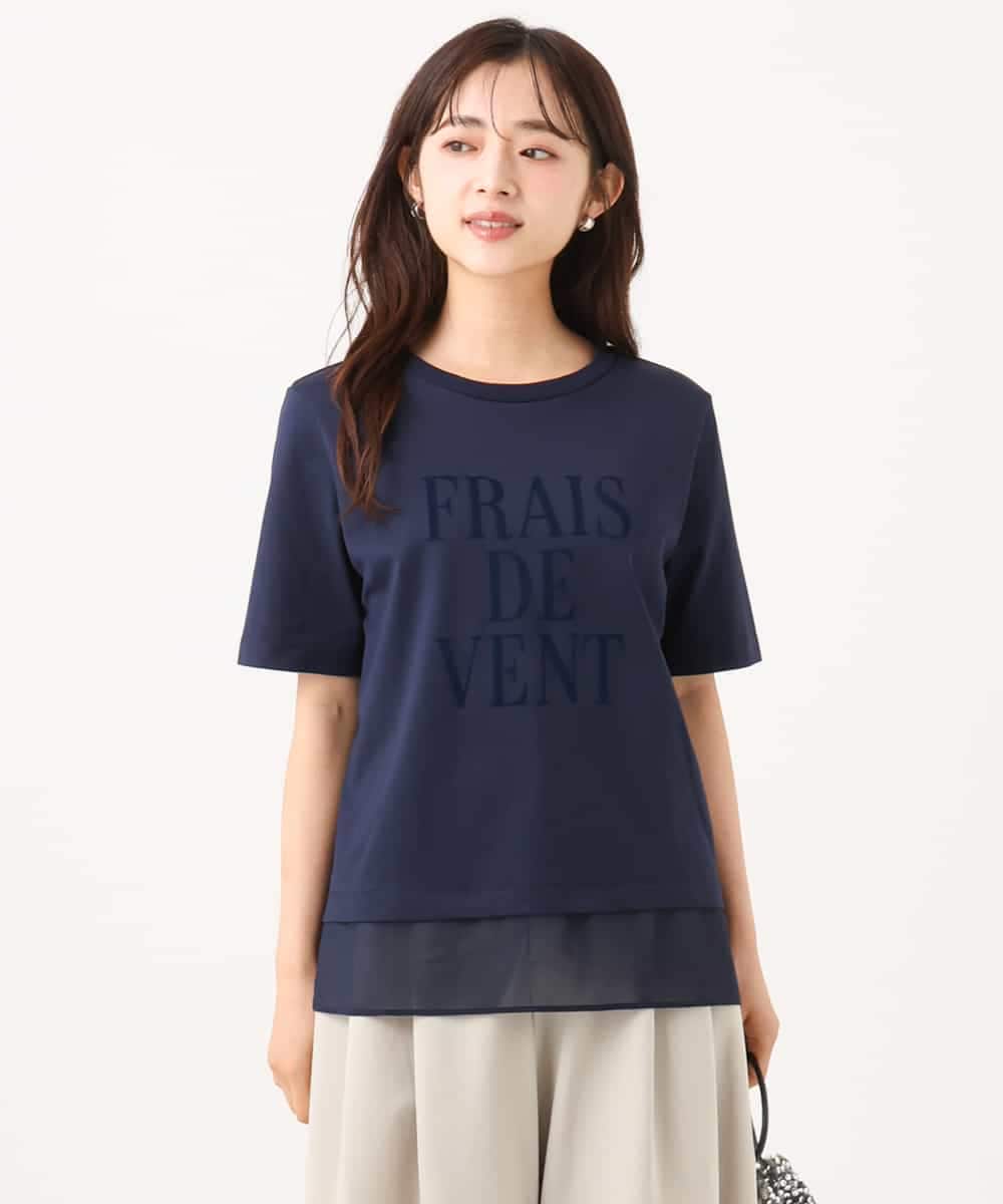 F1KJD23090 MK MICHEL KLEIN(小さいサイズ)(メゾン ドゥ サンク) 【小さいサイズ】[洗える]シフォン切替えフロッキーロゴTシャツ ネイビー