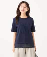 F1KJD23090 MK MICHEL KLEIN(小さいサイズ)(メゾン ドゥ サンク) 【小さいサイズ】[洗える]シフォン切替えフロッキーロゴTシャツ ネイビー