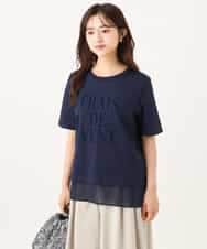 F1KJD23090 MK MICHEL KLEIN(小さいサイズ)(メゾン ドゥ サンク) 【小さいサイズ】[洗える]シフォン切替えフロッキーロゴTシャツ ネイビー