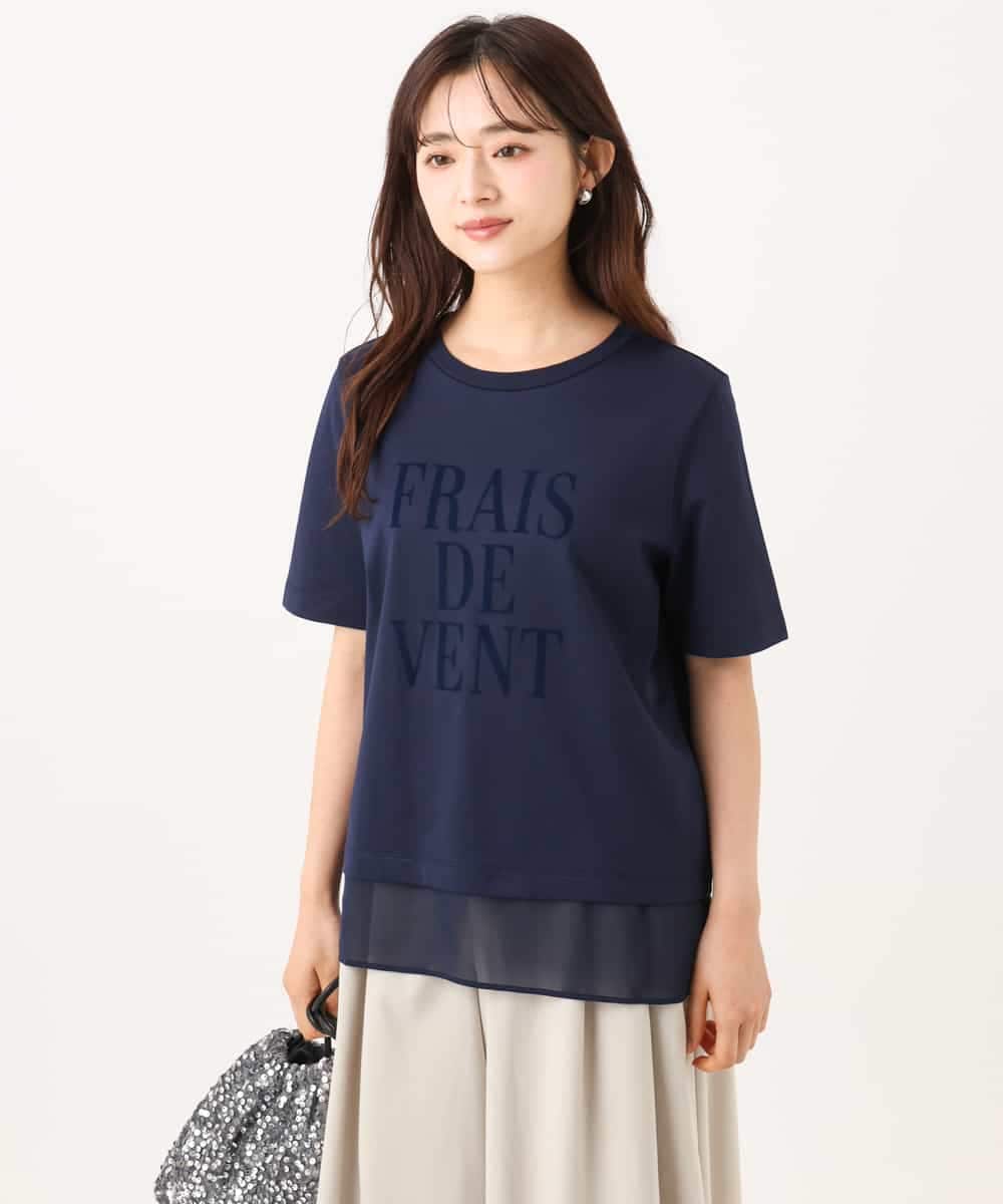 F1KJD23090 MK MICHEL KLEIN(小さいサイズ)(メゾン ドゥ サンク) 【小さいサイズ】[洗える]シフォン切替えフロッキーロゴTシャツ ネイビー