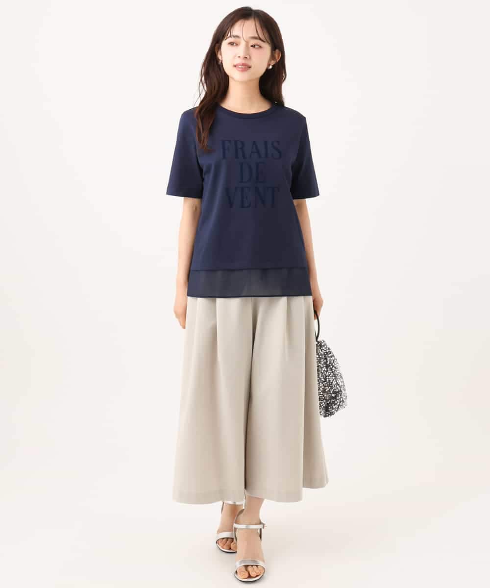 F1KJD23090 MK MICHEL KLEIN(小さいサイズ)(メゾン ドゥ サンク) 【小さいサイズ】[洗える]シフォン切替えフロッキーロゴTシャツ ネイビー