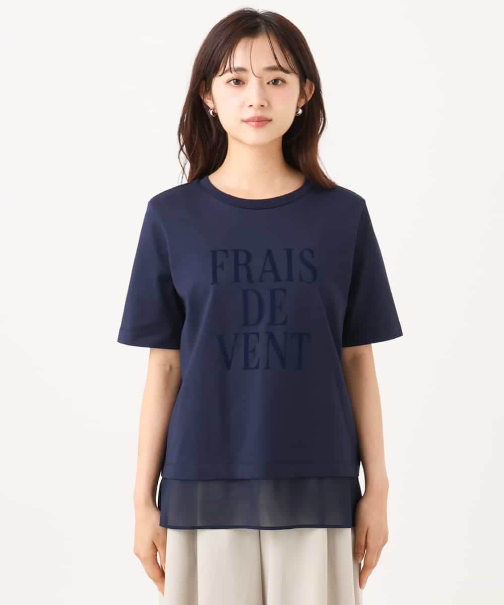 F1KJD23090 MK MICHEL KLEIN(小さいサイズ)(メゾン ドゥ サンク) 【小さいサイズ】[洗える]シフォン切替えフロッキーロゴTシャツ ネイビー