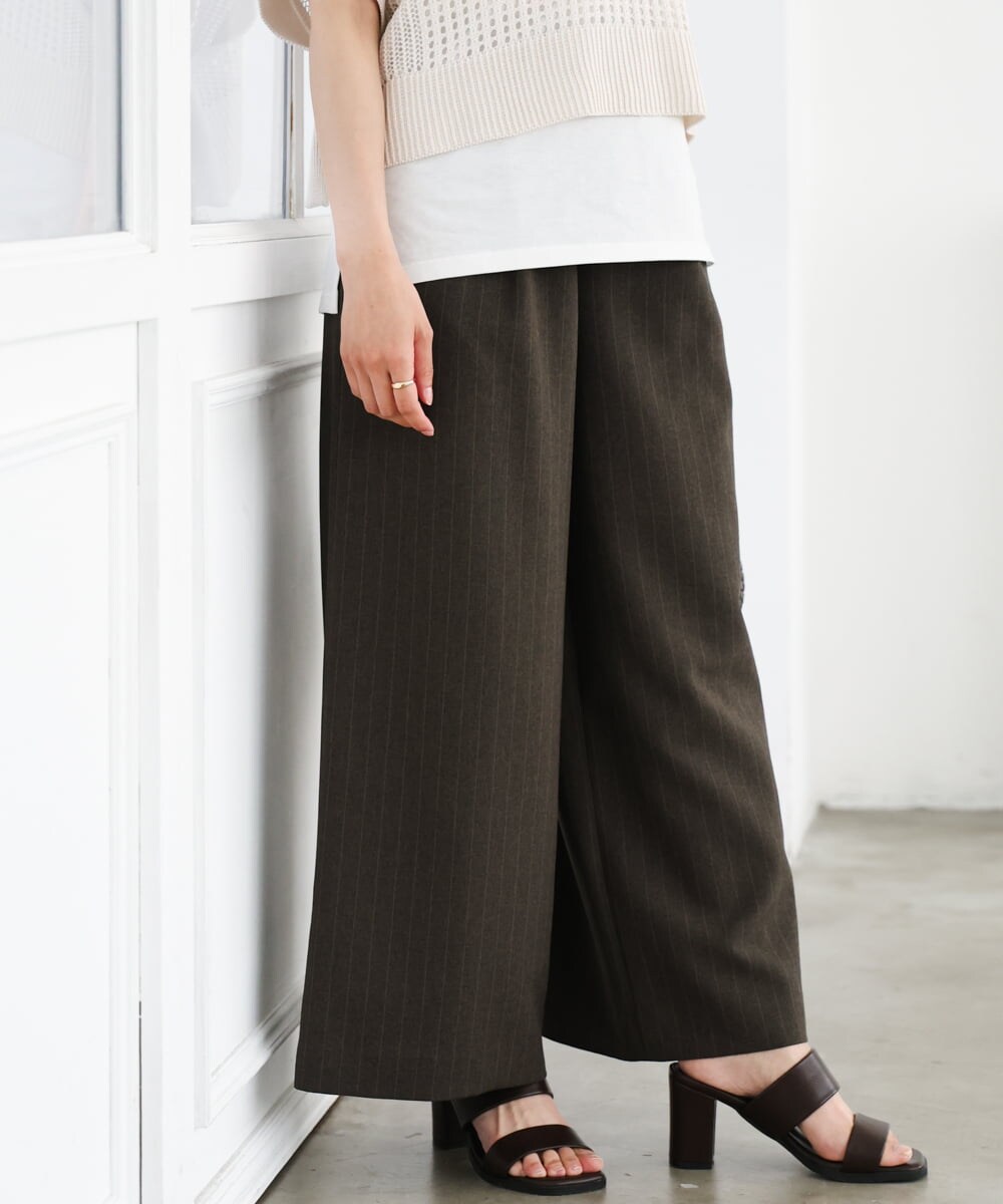 F1LGD55160 MK MICHEL KLEIN(小さいサイズ)(メゾン ドゥ サンク) 【小さいサイズ】[UVカット/防シワ/抗ピリング/洗濯機で洗える]ピンストライプ柄プルオンワイドパンツ ブラウン