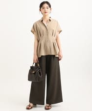 F1LGD55160 MK MICHEL KLEIN(小さいサイズ)(メゾン ドゥ サンク) 【小さいサイズ】[UVカット/防シワ/抗ピリング/洗濯機で洗える]ピンストライプ柄プルオンワイドパンツ ブラウン