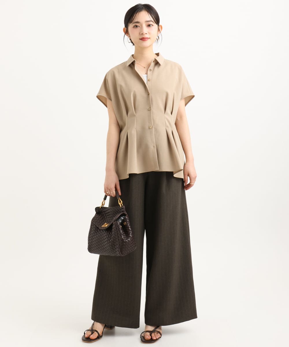 F1LGD55160 MK MICHEL KLEIN(小さいサイズ)(メゾン ドゥ サンク) 【小さいサイズ】[UVカット/防シワ/抗ピリング/洗濯機で洗える]ピンストライプ柄プルオンワイドパンツ ブラウン