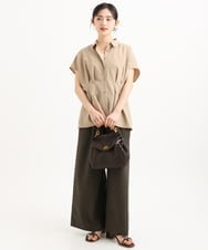 F1LGD55160 MK MICHEL KLEIN(小さいサイズ)(メゾン ドゥ サンク) 【小さいサイズ】[UVカット/防シワ/抗ピリング/洗濯機で洗える]ピンストライプ柄プルオンワイドパンツ ブラウン