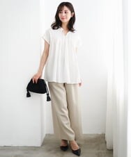 F1LGD55160 MK MICHEL KLEIN(小さいサイズ)(メゾン ドゥ サンク) 【小さいサイズ】[UVカット/防シワ/抗ピリング/洗濯機で洗える]ピンストライプ柄プルオンワイドパンツ ブラウン