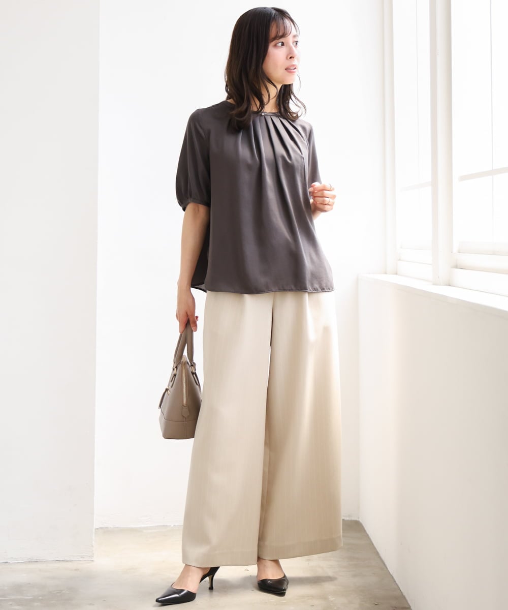 F1LGD55160 MK MICHEL KLEIN(小さいサイズ)(メゾン ドゥ サンク) 【小さいサイズ】[UVカット/防シワ/抗ピリング/洗濯機で洗える]ピンストライプ柄プルオンワイドパンツ ブラウン