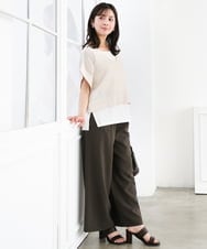 F1LGD55160 MK MICHEL KLEIN(小さいサイズ)(メゾン ドゥ サンク) 【小さいサイズ】[UVカット/防シワ/抗ピリング/洗濯機で洗える]ピンストライプ柄プルオンワイドパンツ ブラウン