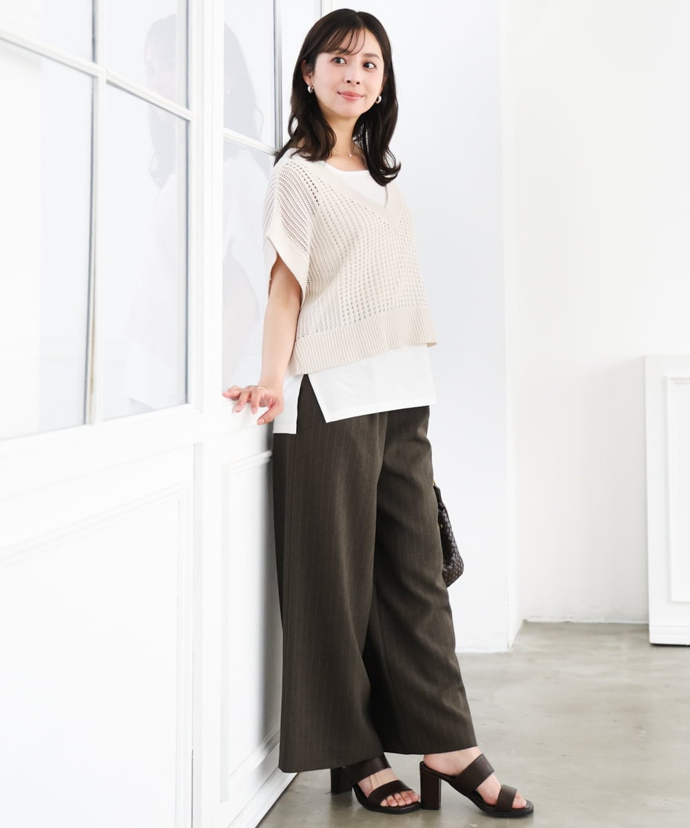 F1LGD55160 MK MICHEL KLEIN(小さいサイズ)(メゾン ドゥ サンク) 【小さいサイズ】[UVカット/防シワ/抗ピリング/洗濯機で洗える]ピンストライプ柄プルオンワイドパンツ ブラウン