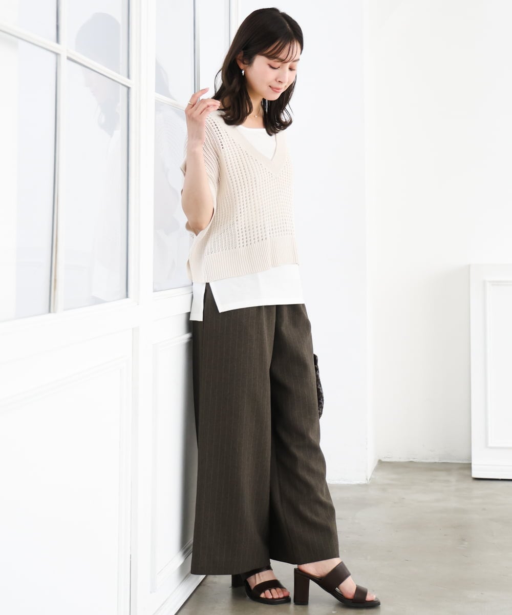 F1LGD55160 MK MICHEL KLEIN(小さいサイズ)(メゾン ドゥ サンク) 【小さいサイズ】[UVカット/防シワ/抗ピリング/洗濯機で洗える]ピンストライプ柄プルオンワイドパンツ ブラウン
