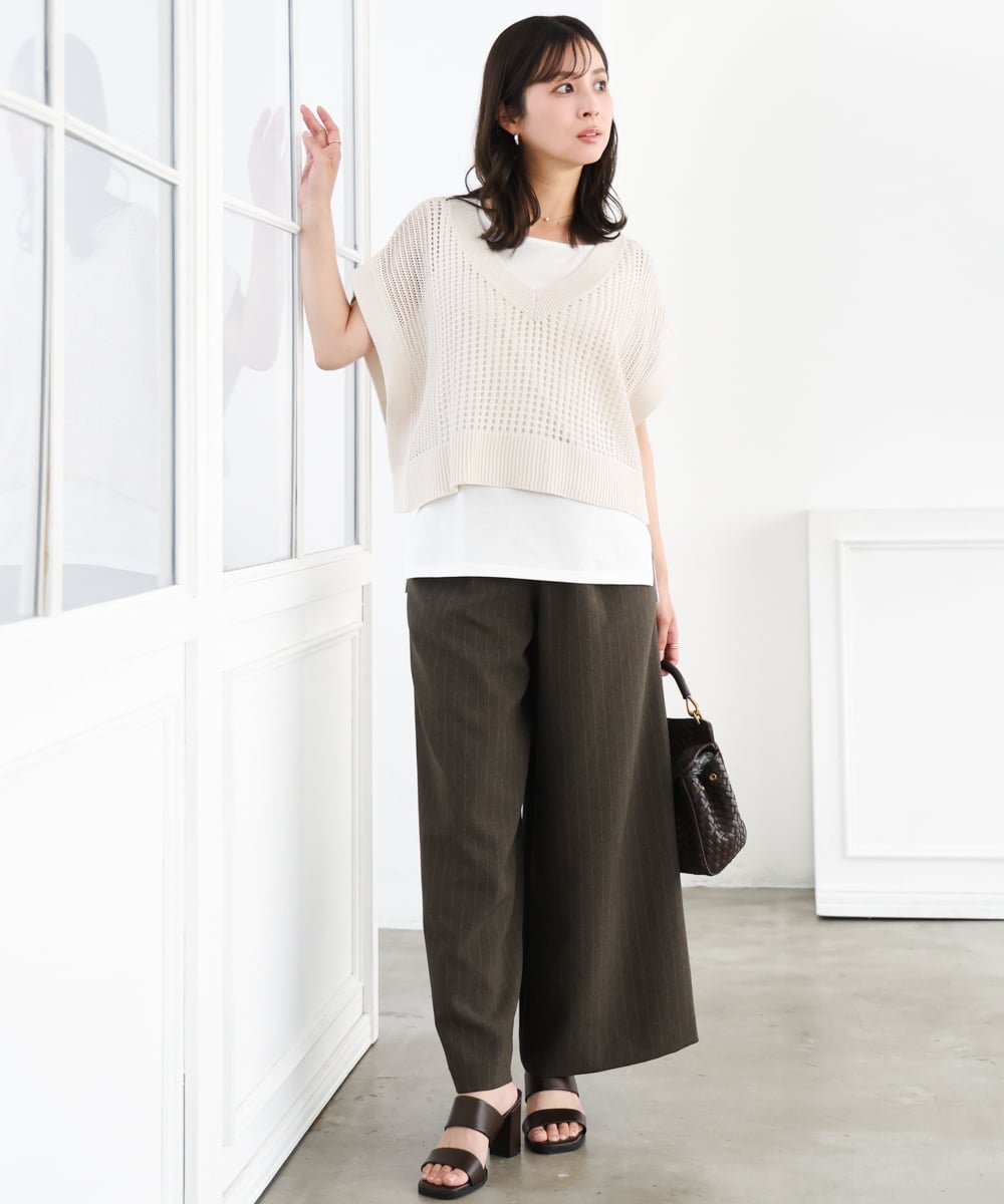 F1LGD55160 MK MICHEL KLEIN(小さいサイズ)(メゾン ドゥ サンク) 【小さいサイズ】[UVカット/防シワ/抗ピリング/洗濯機で洗える]ピンストライプ柄プルオンワイドパンツ ブラウン