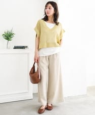 F1LGD55160 MK MICHEL KLEIN(小さいサイズ)(メゾン ドゥ サンク) 【小さいサイズ】[UVカット/防シワ/抗ピリング/洗濯機で洗える]ピンストライプ柄プルオンワイドパンツ ブラウン
