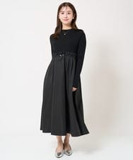 F1PFA21210 MK MICHEL KLEIN(小さいサイズ)(メゾン ドゥ サンク) 【小さいサイズ】ニット×タフタ タックギャザー切替えワンピース/洗える/セットアップ対応 ライトグレー