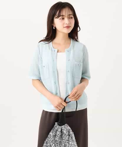 F1SID70140  【小さいサイズ】[洗える]メッシュ編み半袖ジャケットライクニット