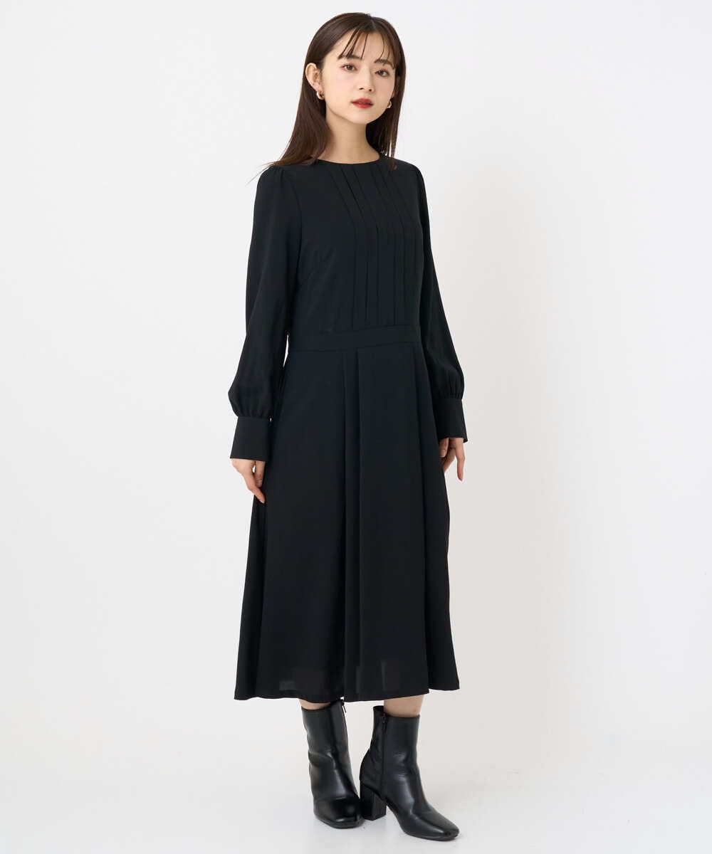 F6EAD06360 MICHEL KLEIN(小さいサイズ)(メゾン ドゥ サンク) [小さいサイズ]ノーカラープリーツワンピース ネイビー