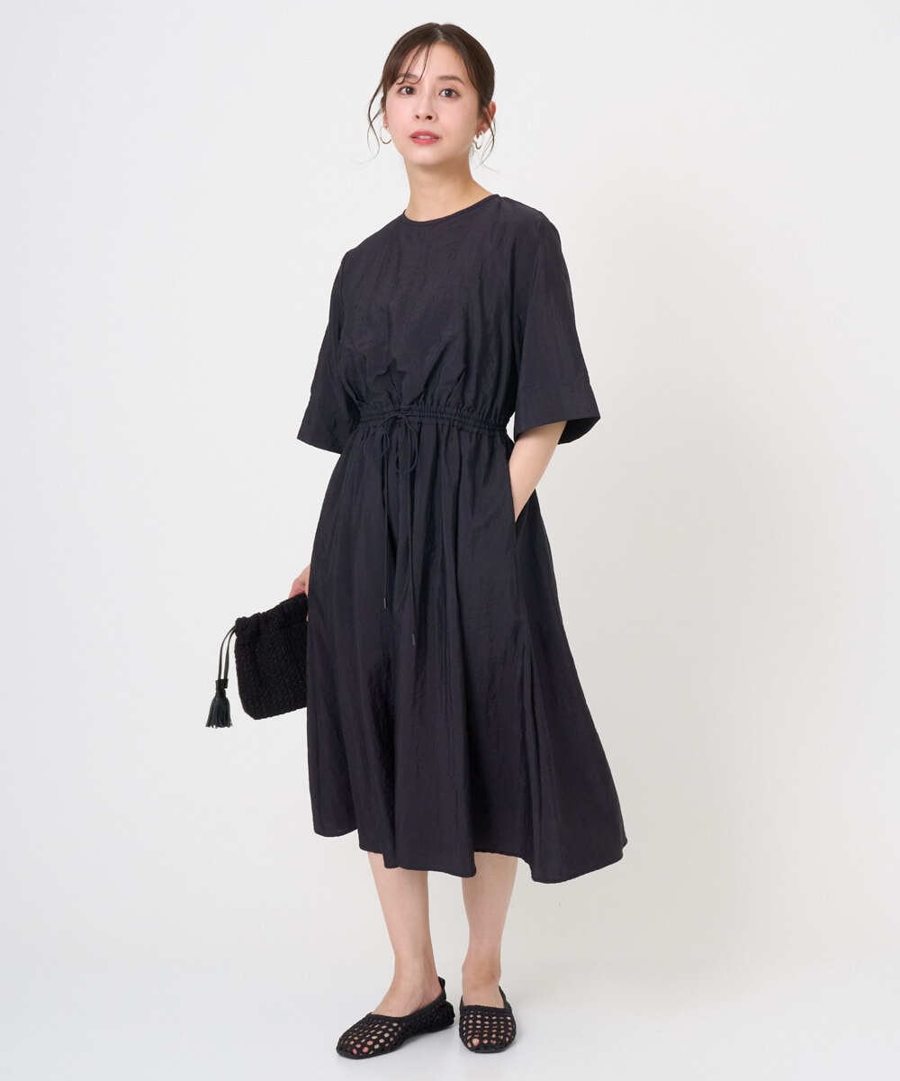 F6EGD07390 MICHEL KLEIN(小さいサイズ)(メゾン ドゥ サンク) [小さいサイズ]ナイロンクロス ギャザーワンピース ブラック